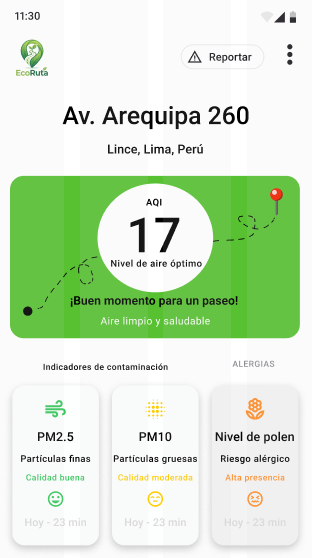 Vista previa de la app EcoRuta mostrando el índice de calidad del aire